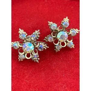 Vintage Antique Earrings Aurora Borealis Clear Snowflake Screw Clasp 1" 1639